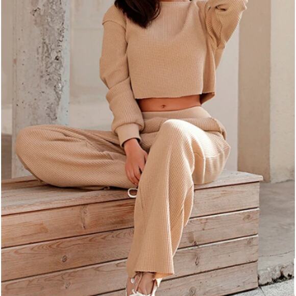 Tori 2 Piece Waffle Pants Set in Camel | Size Small | Chicgenes - Picture 3 of 6